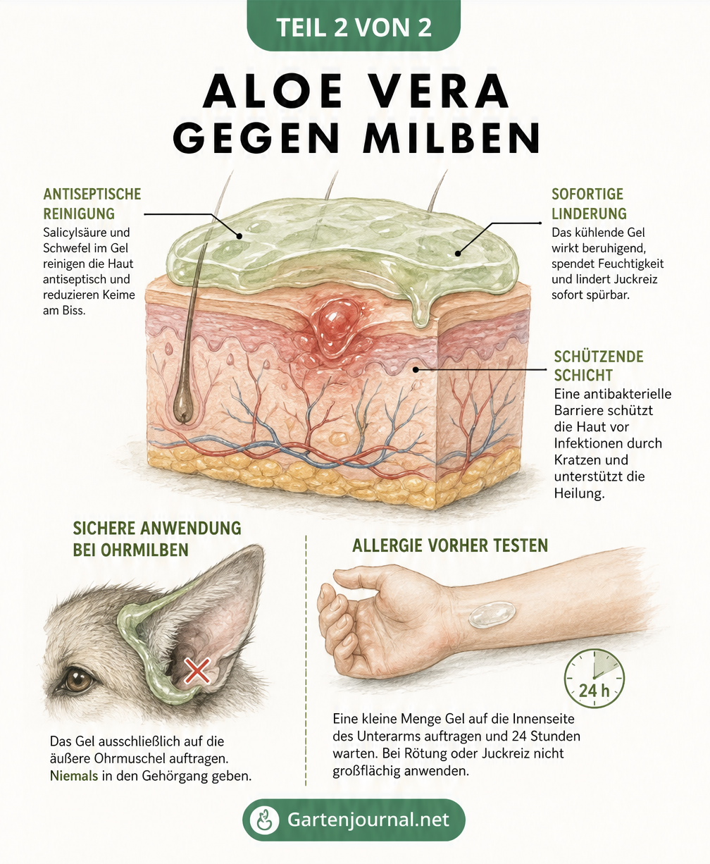 Medizinische Schnittzeichnung der Haut, die die kühlende und antibakterielle Wirkung von Aloe-Vera-Gel bei einem Milbenbiss zeigt.