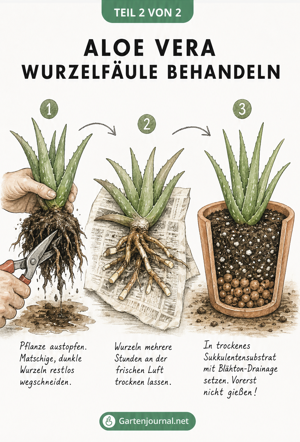 Skizzenhafte Darstellung zur Behandlung von Wurzelfäule bei Aloe Vera: Austopfen, faulige Wurzeln abschneiden, trocknen lassen und in Sukkulentensubstrat neu...