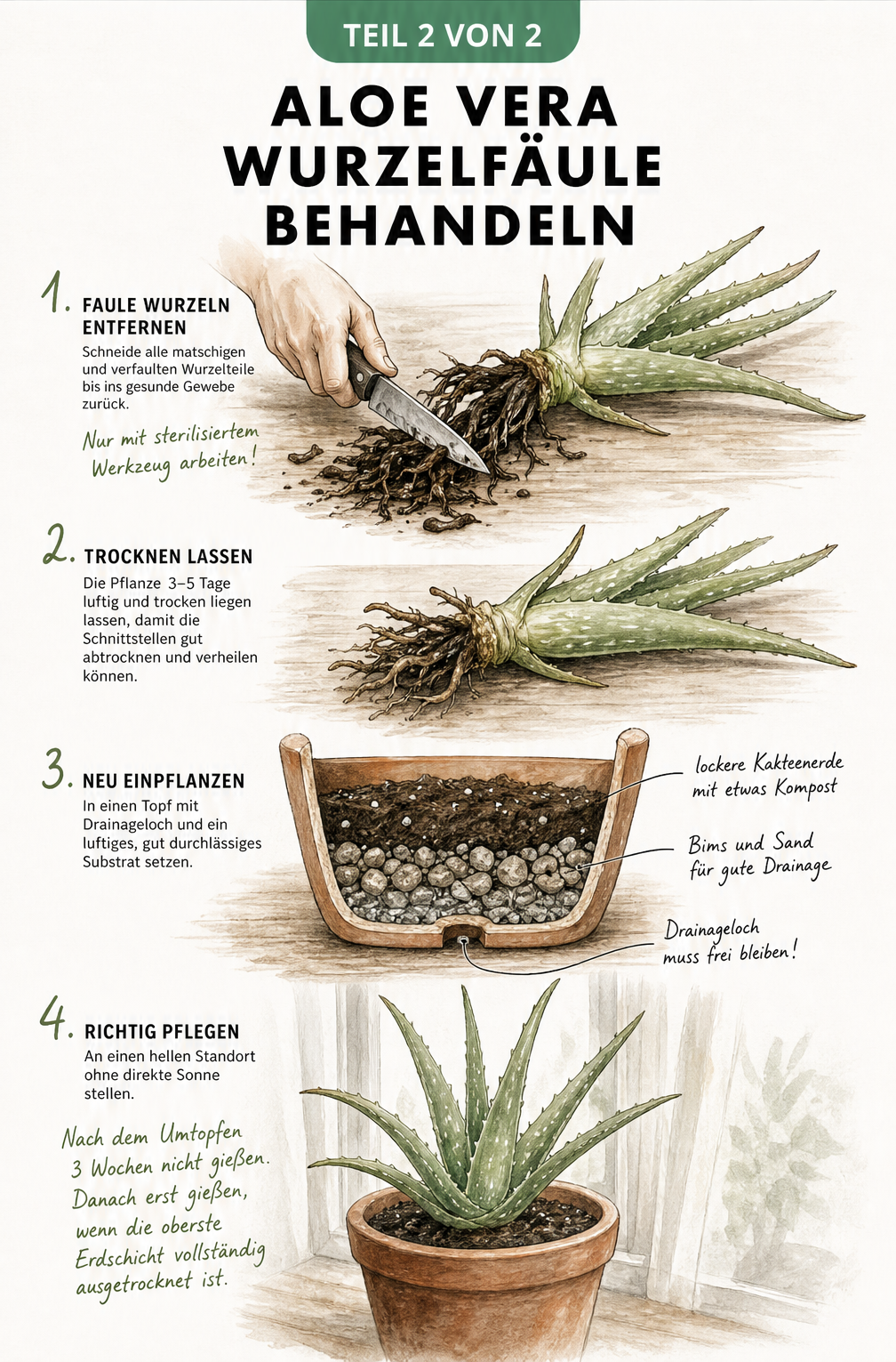 Vierstufige Illustration zur Behandlung von Wurzelfäule bei Aloe Vera: Wurzeln schneiden, trocknen lassen, in neues Substrat pflanzen und Gießpause einhalten.