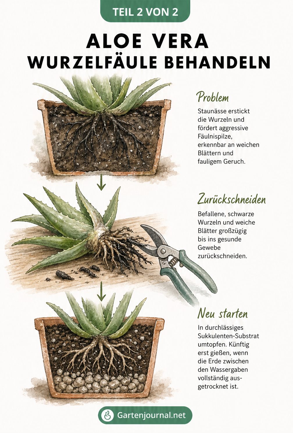 Schnittbild einer Aloe Vera: Von fauligen Wurzeln in nasser Erde über den Rückschnitt bis zum Umtopfen in Sukkulenten-Substrat
