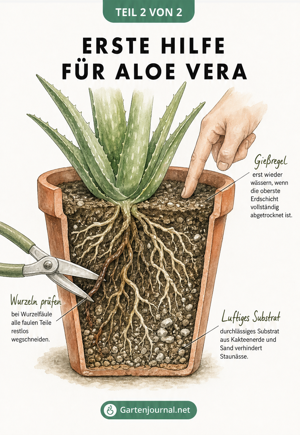 Schnittbild eines Terrakotta-Topfes mit Aloe Vera Wurzeln, das die Behandlung von Wurzelfäule und die richtige Gießregel zeigt
