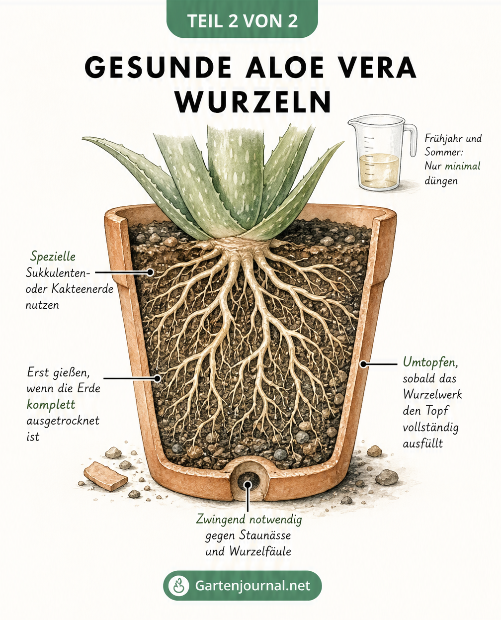 Querschnitt eines Terrakotta-Topfes mit gesunden Aloe Vera Wurzeln