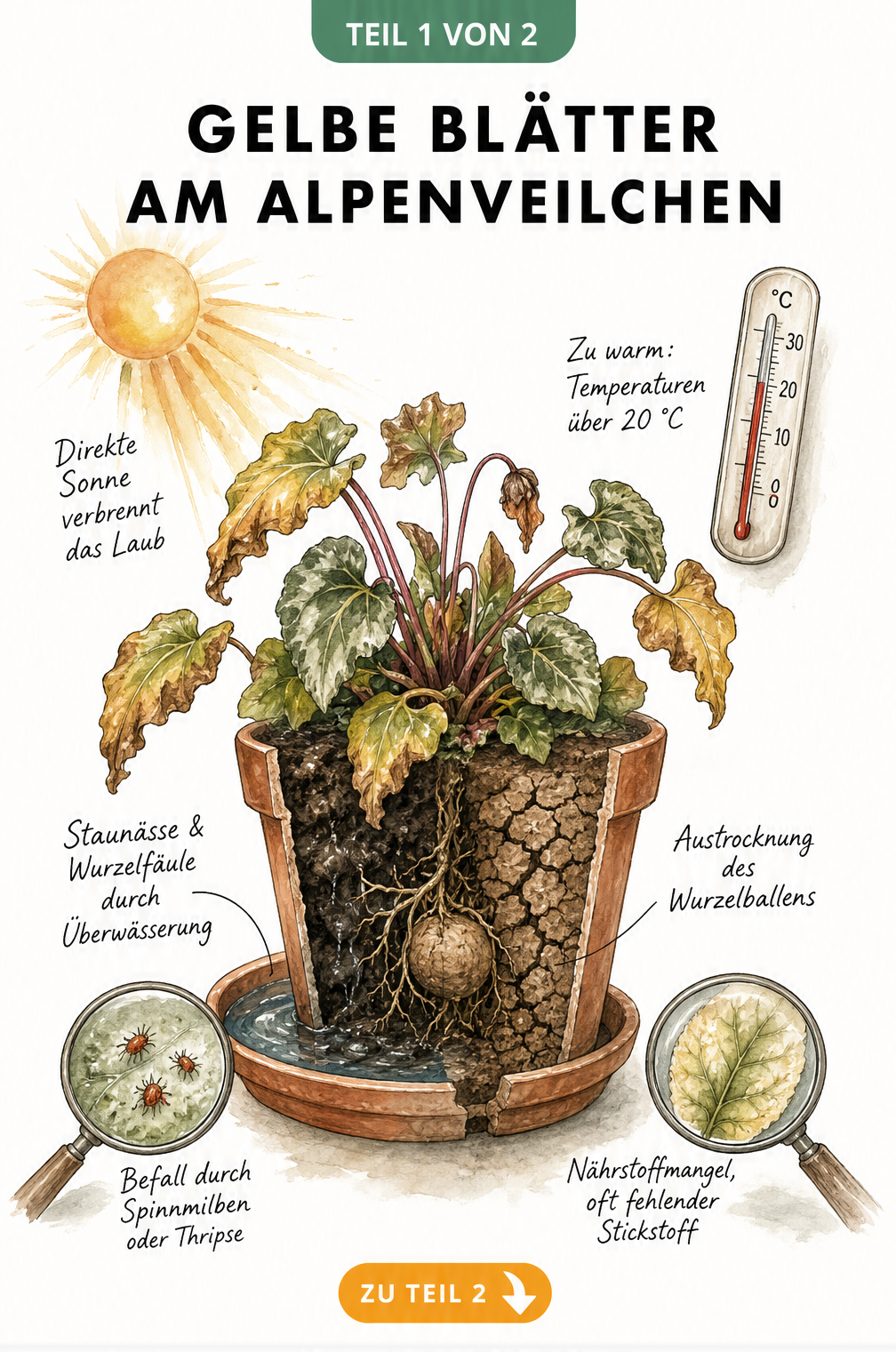 Illustration eines kränkelnden Alpenveilchens mit gelben Blättern, das durch direkte Sonne, Hitze, Staunässe und Trockenheit gestresst ist