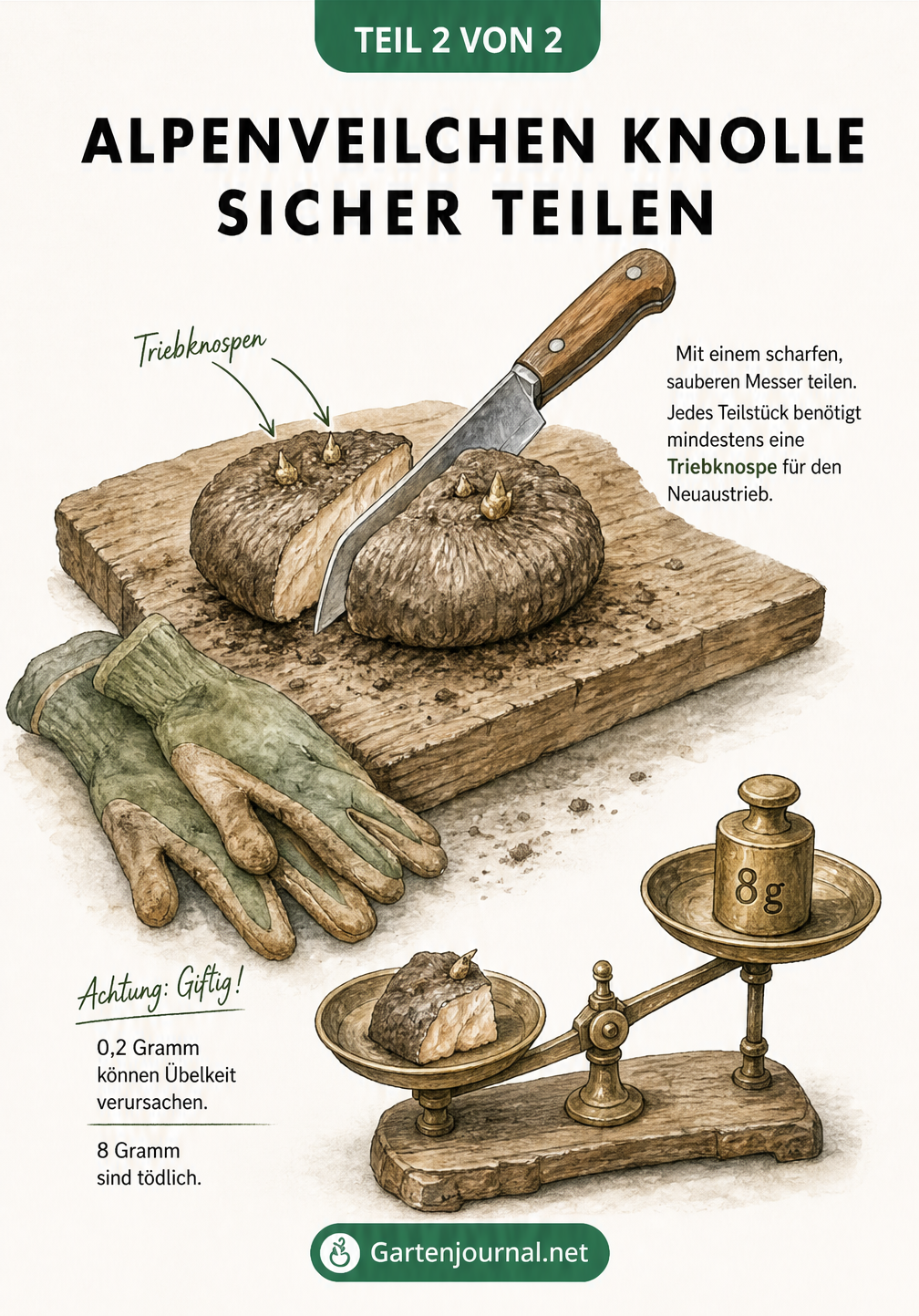 Illustration einer geteilten Alpenveilchen-Knolle auf einem Holzbrett mit Messer und Waage