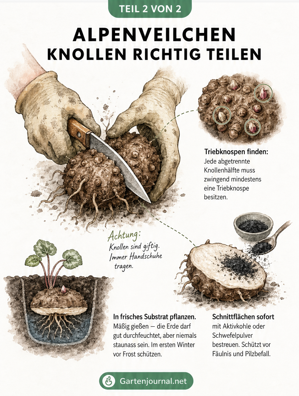 Illustration einer Alpenveilchen-Knolle, die mit einem Messer geteilt wird, inklusive Detailansichten zu Triebknospen, Schnittflächenbehandlung und Einpflanzen.