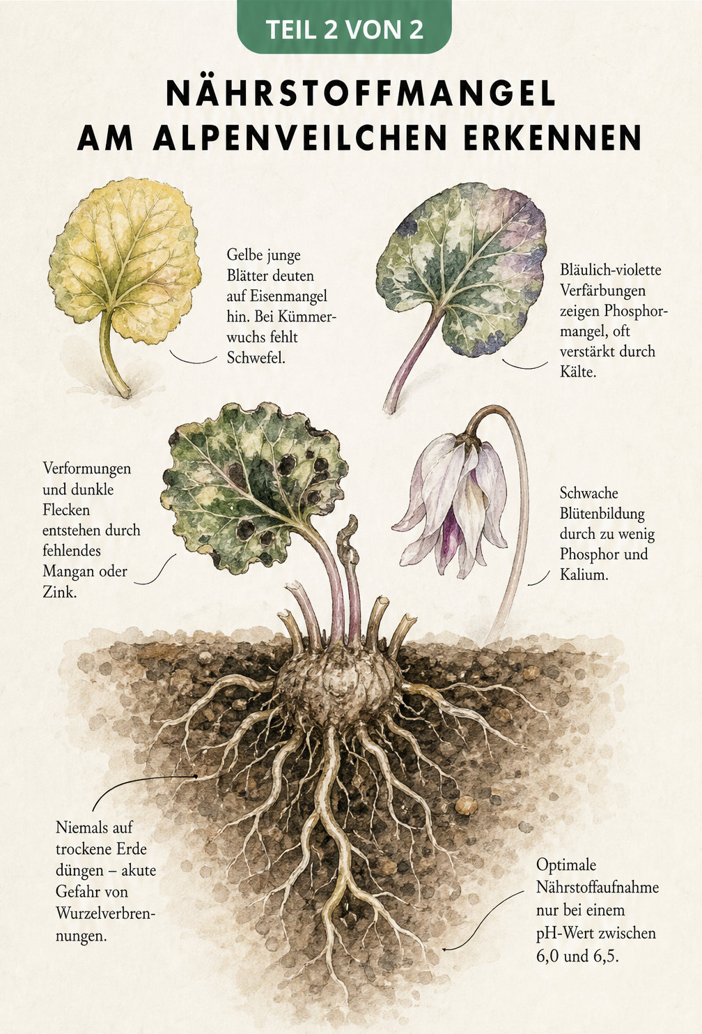 Botanische Zeichnung von Alpenveilchen-Blättern und Wurzeln, die Symptome von Nährstoffmangel wie gelbe oder verformte Blätter erklärt