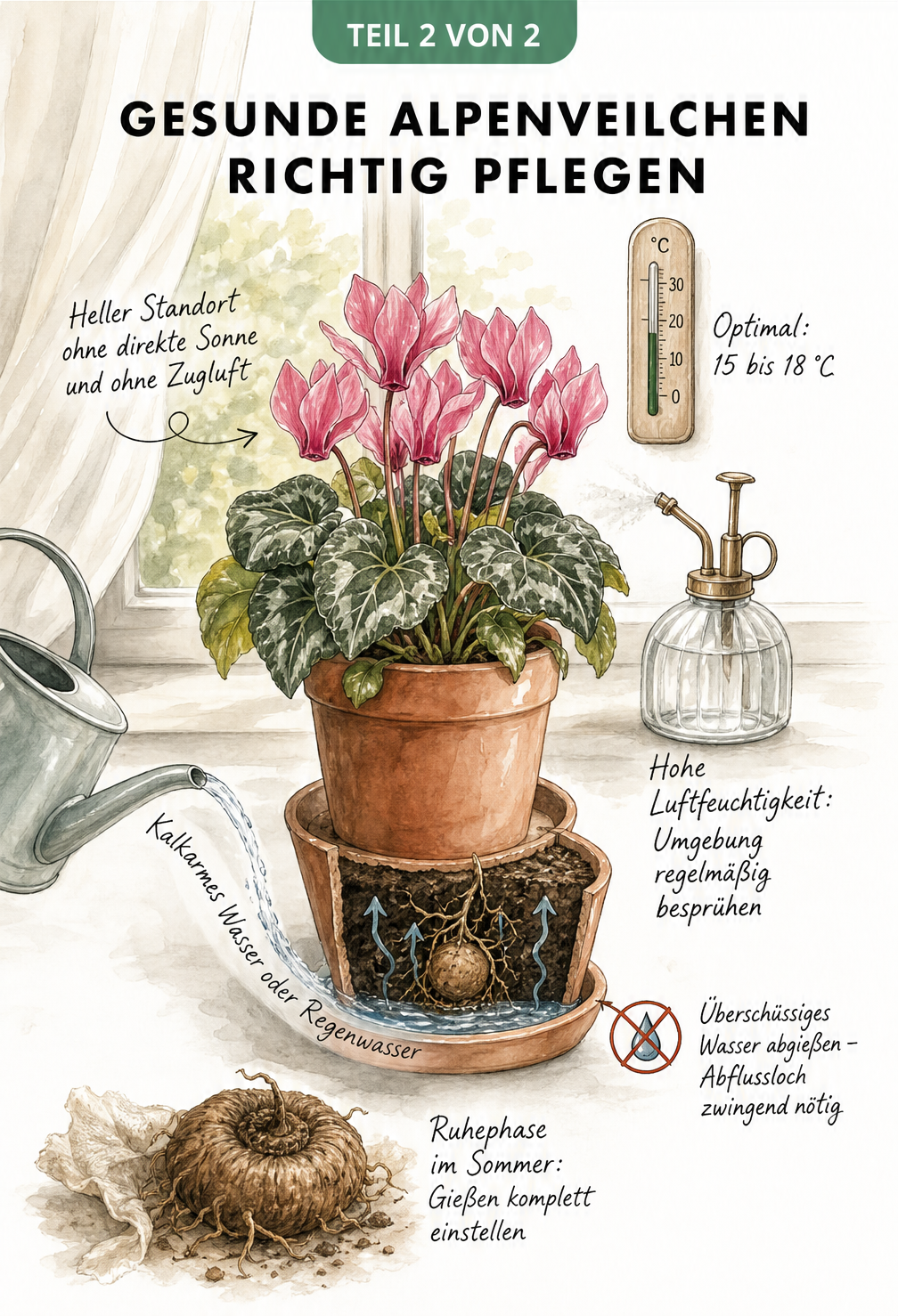 Aquarell-Zeichnung eines gesunden Alpenveilchens am hellen Fensterbrett mit Hinweisen zu Temperatur, Luftfeuchtigkeit und Gießtechnik