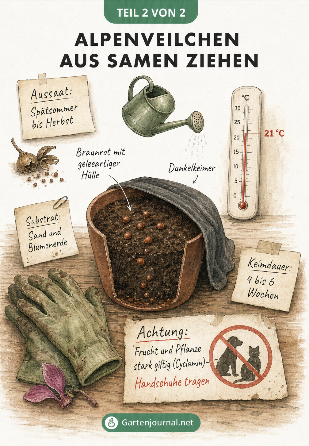 Illustration zur Aussaat von Alpenveilchen: Ein Anzuchttopf mit Samen, Gießkanne, Thermometer bei 21 Grad, Abdeckung für Dunkelkeimer und Gartenhandschuhe als...