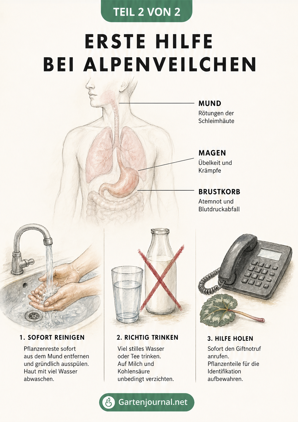 Illustration zur Ersten Hilfe bei Alpenveilchen-Vergiftung mit Symptomen und Handlungsschritten wie Wasser trinken und Giftnotruf wählen