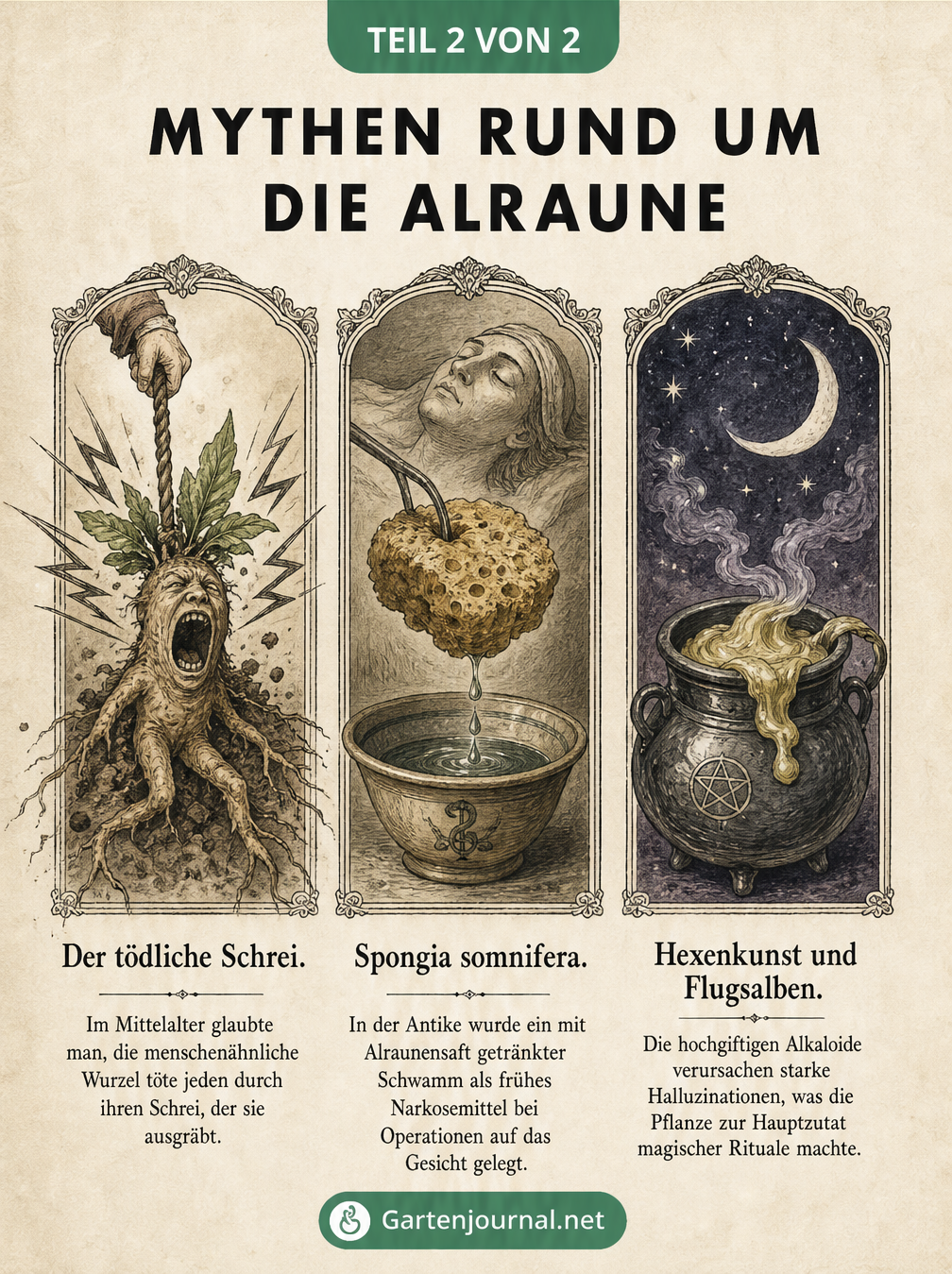 Historische Illustrationen zu den Mythen der Alraune: Der tödliche Schrei beim Ausgraben, die Nutzung als Narkosemittel und als Zutat für magische Flugsalben.