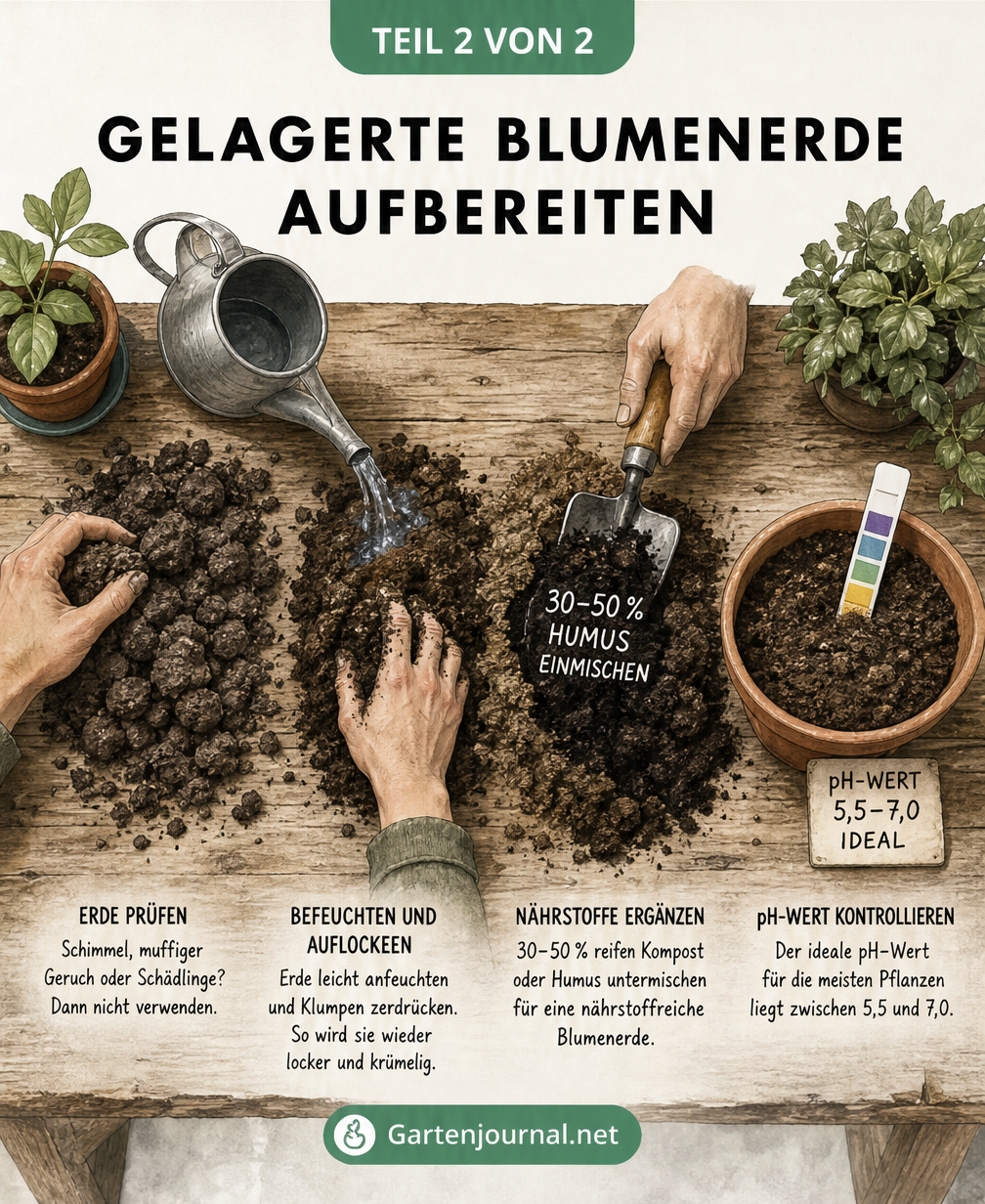 Illustration eines Pflanztisches, auf dem alte Blumenerde in vier Schritten aufbereitet wird
