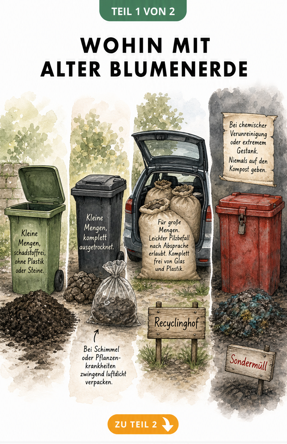 Illustration einer Sortierstation für alte Blumenerde mit Restmüll, Biotonne, Recyclinghof und Sondermüll