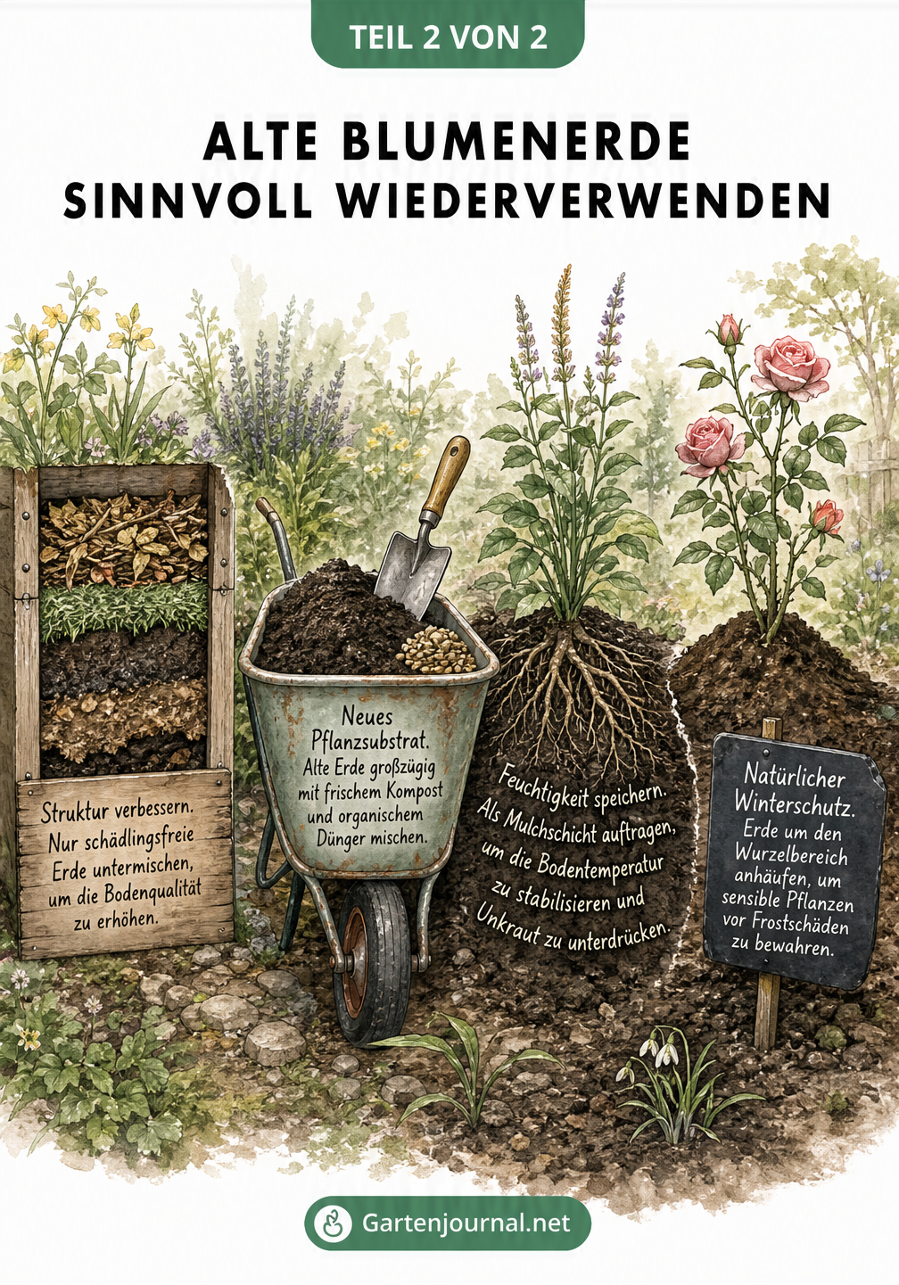 Gartenszene mit Kompost, Schubkarre, Mulchschicht und Winterschutz für Pflanzen
