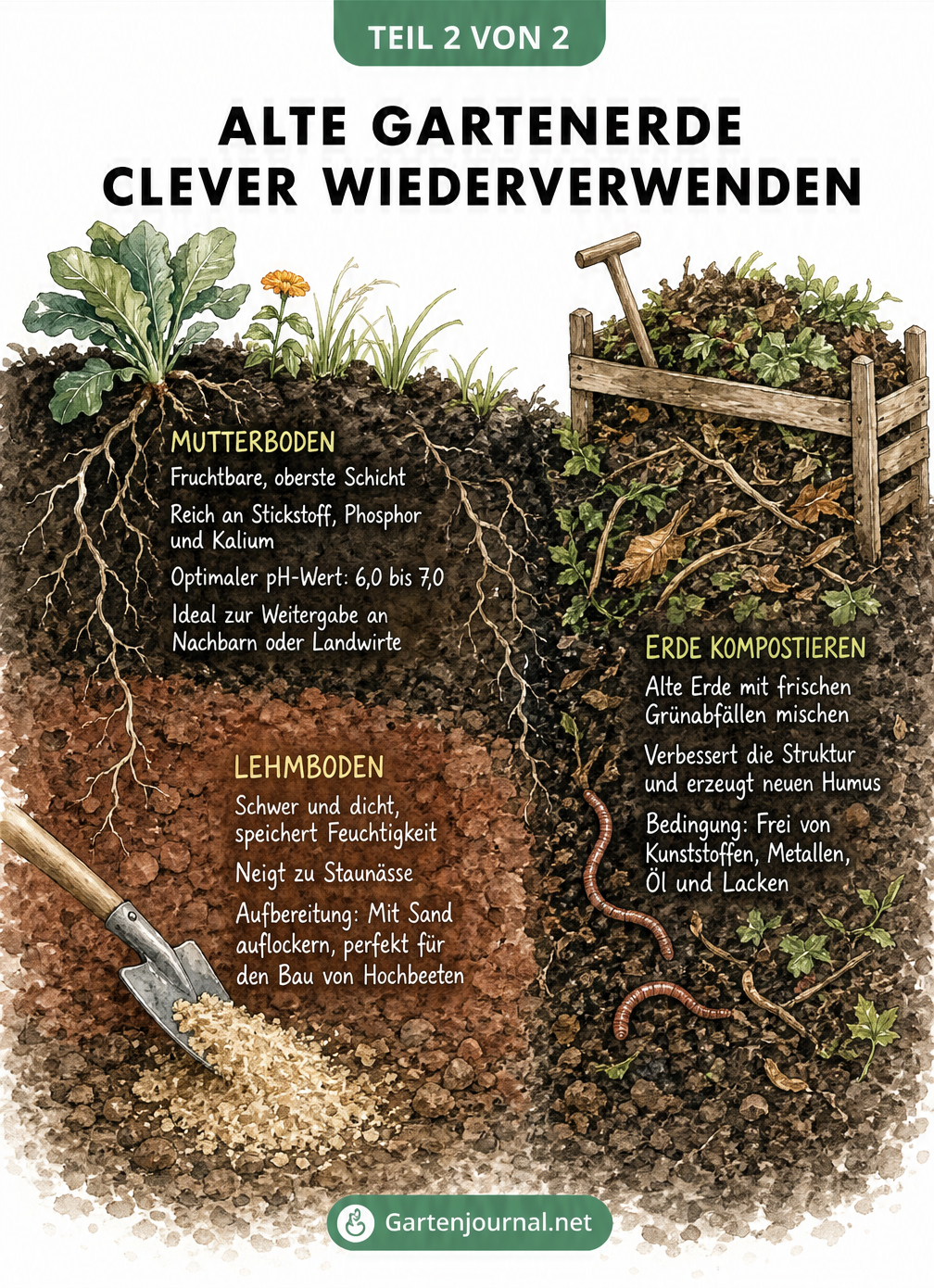 Querschnitt durch Gartenboden mit Mutterboden, Lehmboden und Komposthaufen