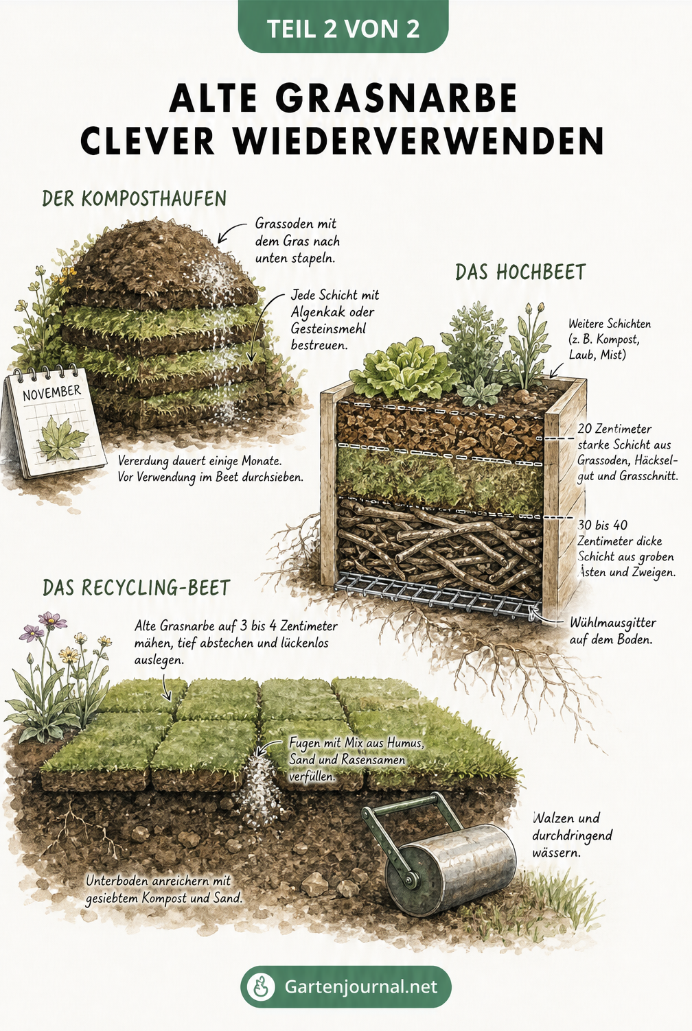 Illustration: Drei Methoden zur Wiederverwendung alter Grasnarbe im Kompost, Hochbeet und Recycling-Beet