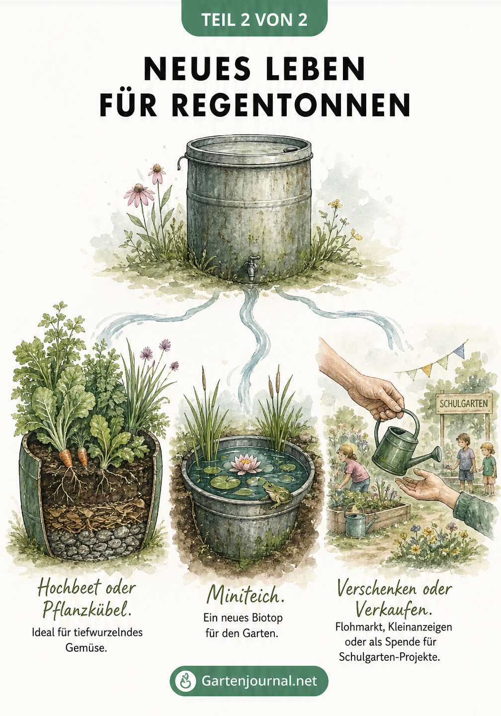 Illustration mit Ideen zur Weiternutzung alter Regentonnen als Hochbeet, Miniteich oder Spende