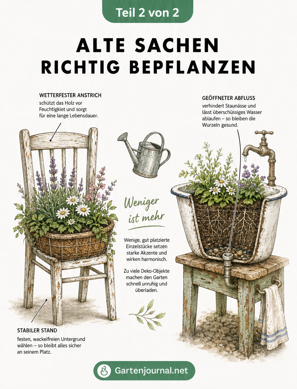 Schnittzeichnung eines alten Holzstuhls und eines Emaille-Waschbeckens mit Hinweisen zur richtigen Bepflanzung und Vermeidung von Staunässe