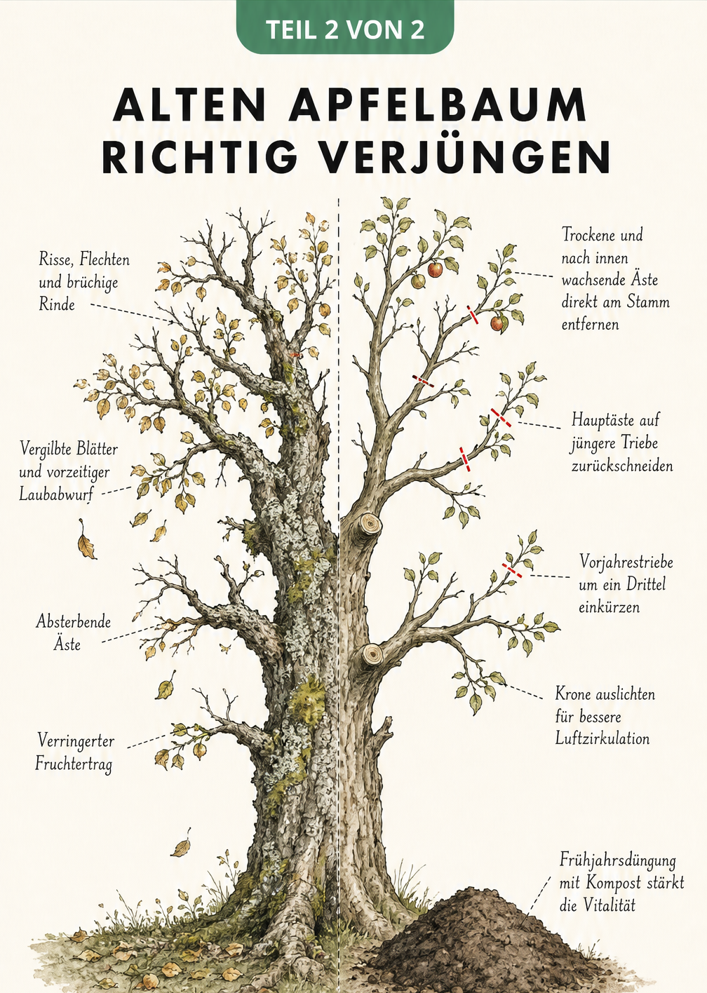 Botanische Zeichnung eines alten Apfelbaums, die links Alterserscheinungen und rechts konkrete Verjüngungsschnitte zeigt.