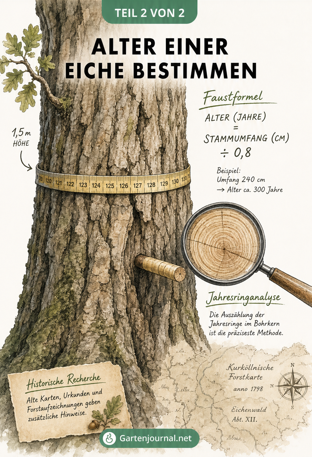 Illustration eines Eichenstamms mit Maßband, Rechenformel zur Altersschätzung und Lupe über einem Bohrkern zur Jahresringanalyse