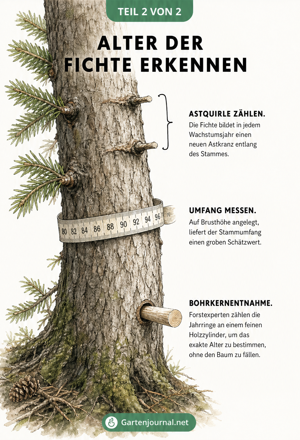 Zeichnung eines Fichtenstamms mit Methoden zur Altersbestimmung wie Astquirle zählen und Bohrkernentnahme
