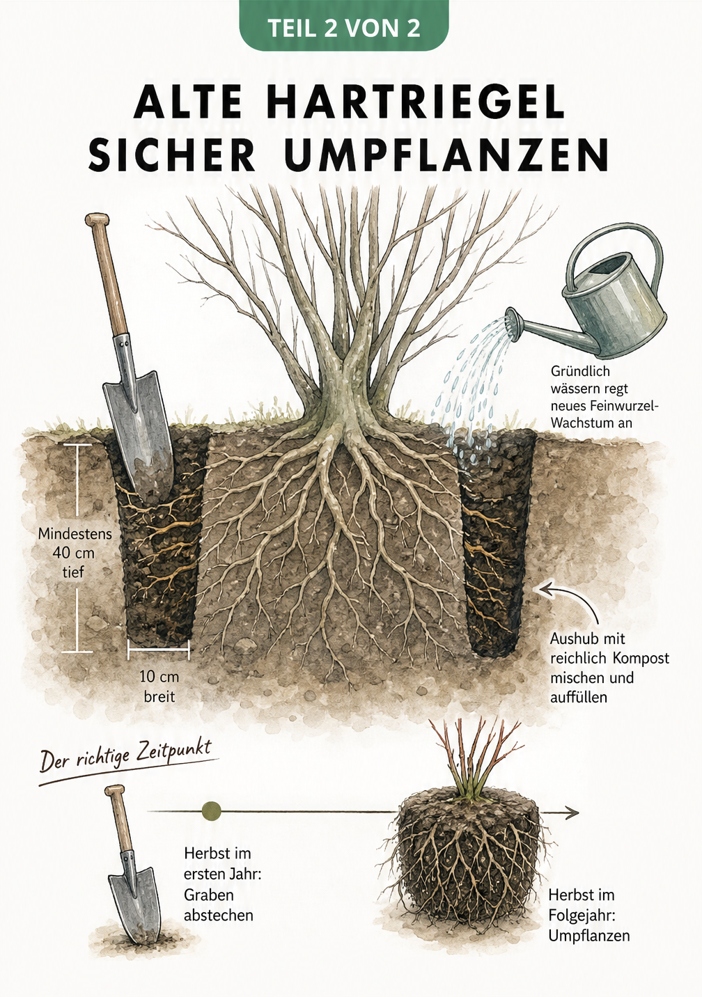 Querschnitt der Erde unter einem alten Hartriegel mit Spaten und Graben zur Vorbereitung des Umpflanzens