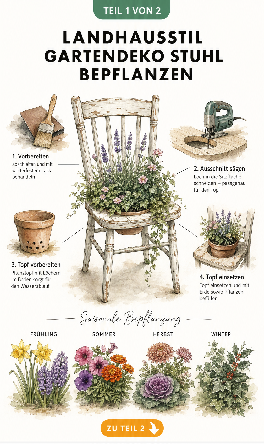 Illustration eines alten Holzstuhls im Shabby-Chic-Look, aus dessen Sitzfläche Pflanzen wachsen, mit Skizzen zur Vorbereitung und saisonalen Bepflanzung.