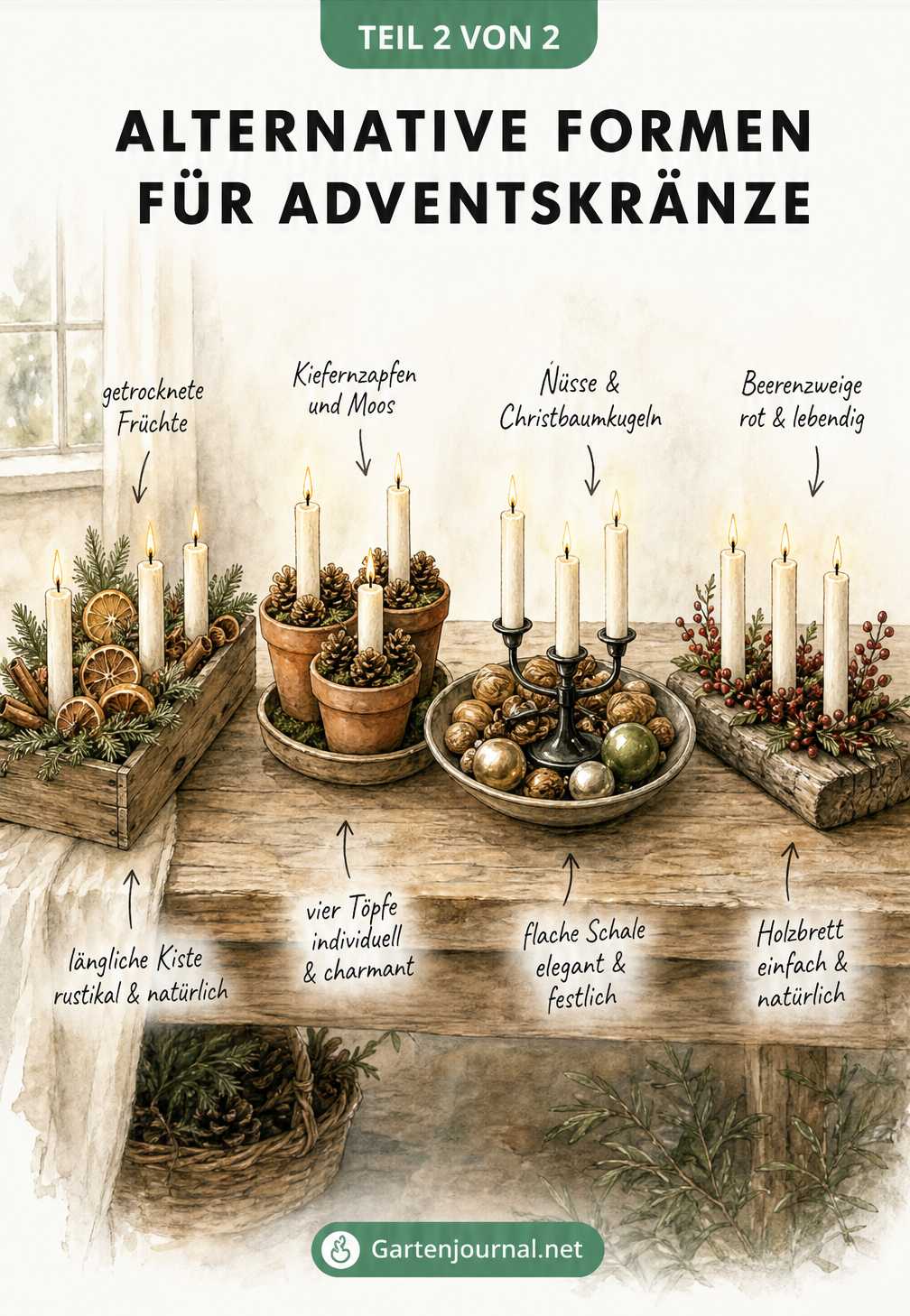 Vier alternative Adventskranz-Ideen: Holzkiste mit Tannenzweigen, Blumentöpfe mit Kerzen, dekorative Schale und einfaches Holzstück
