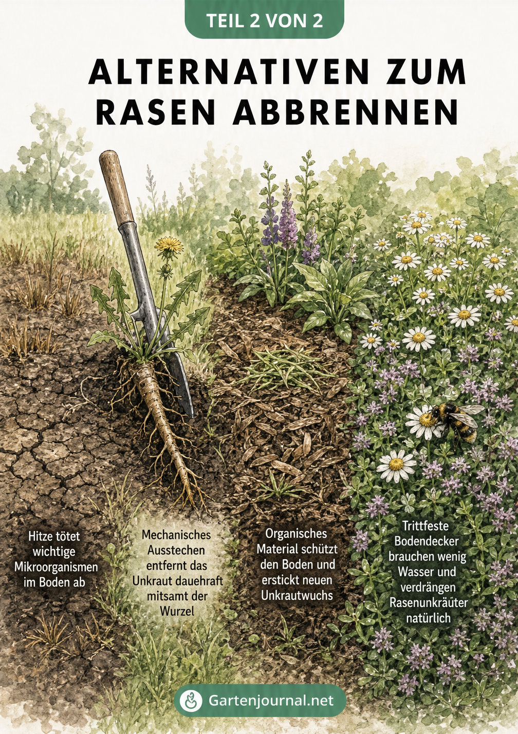 Illustration von Alternativen zum Rasen abbrennen wie mechanisches Ausstechen, Mulchen und Bodendecker
