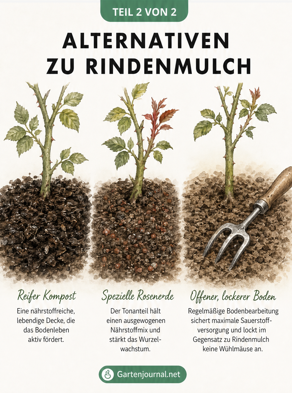 Drei Rosenstämme in verschiedenen Böden: Kompost, Rosenerde und ungemulchter, gelockerter Boden