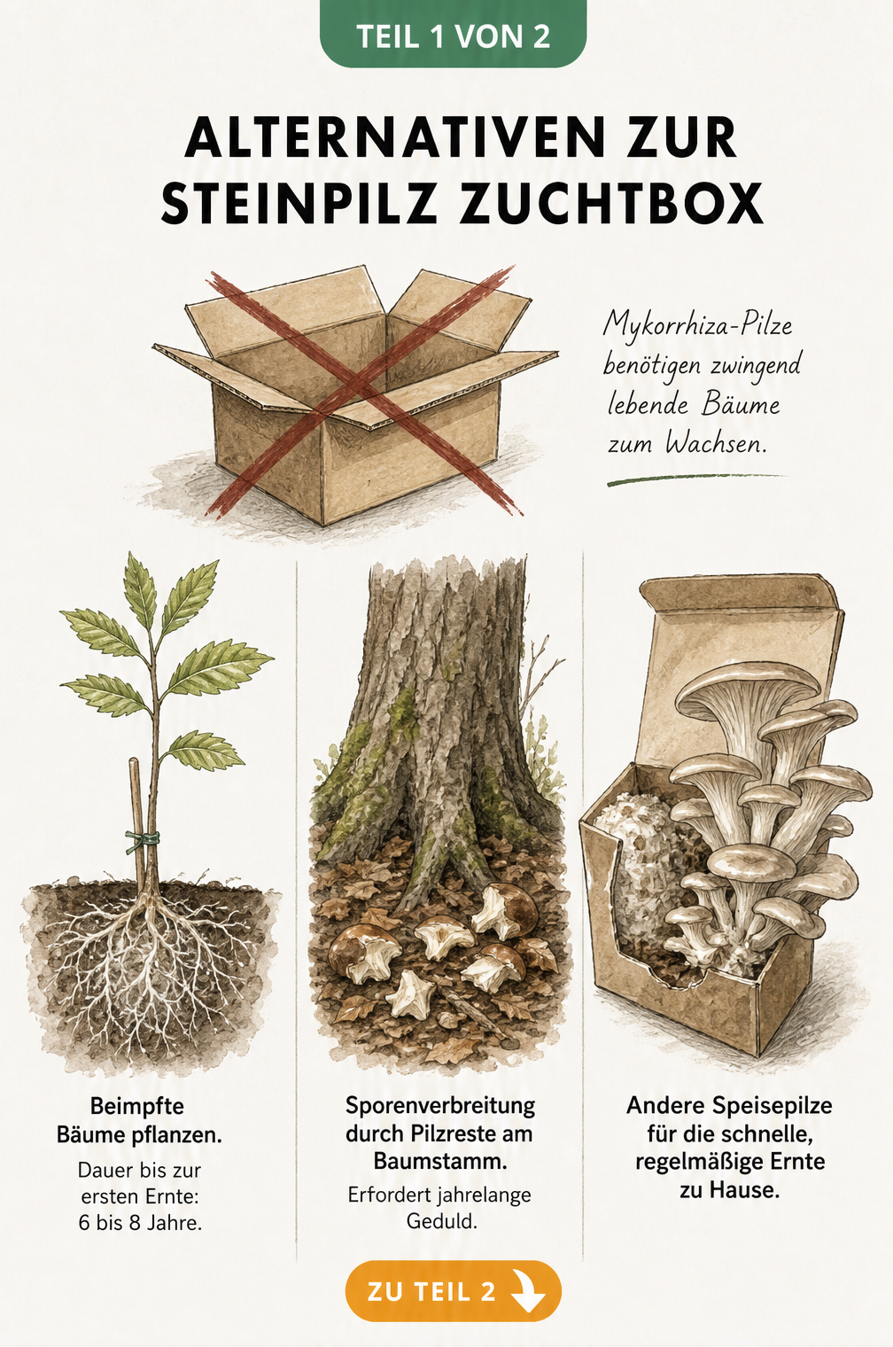Illustration von Alternativen zur Steinpilz-Zuchtbox: beimpfte Bäume, Sporenverbreitung und andere Speisepilze