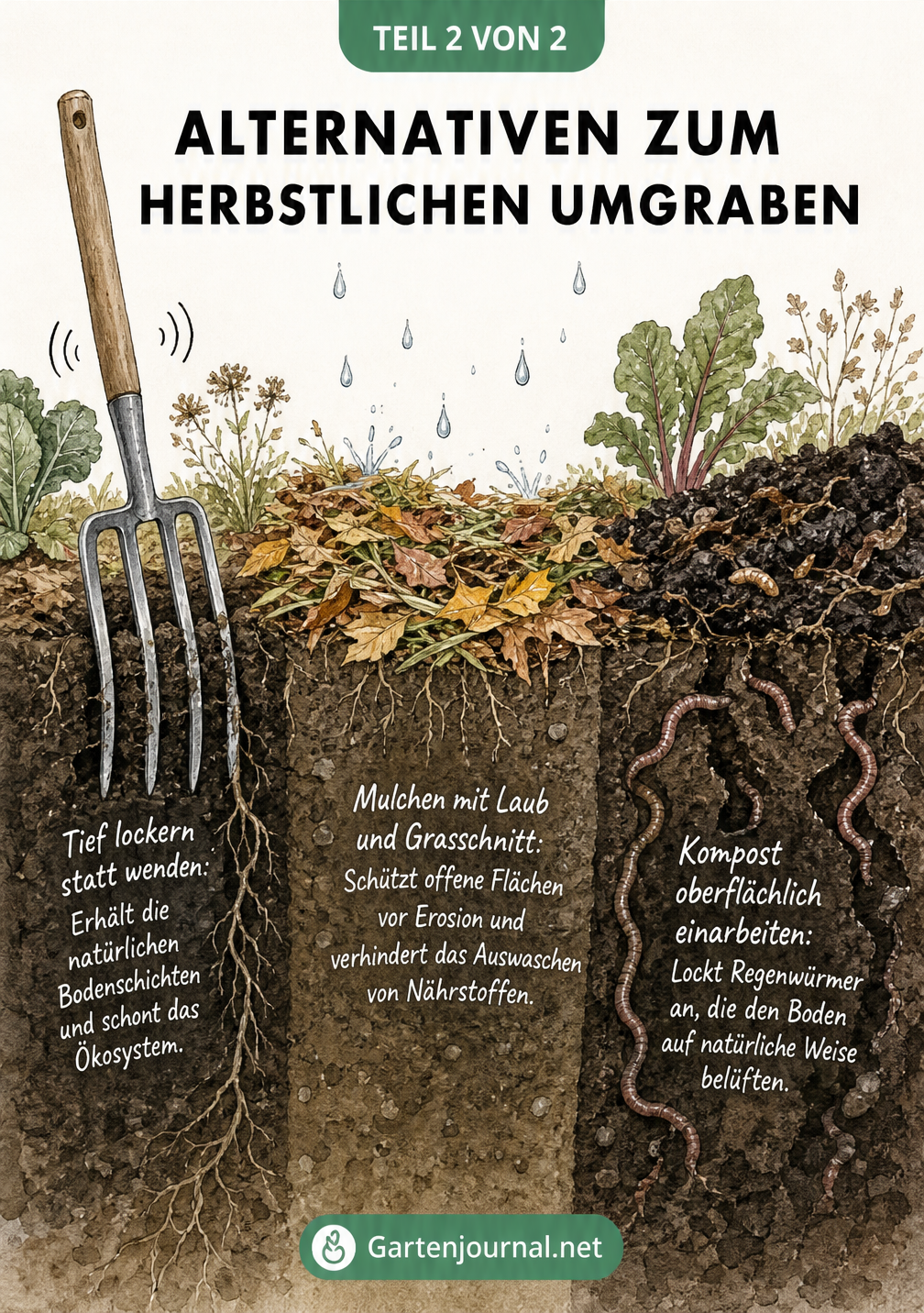 Querschnitt eines Gartenbeets mit drei bodenschonenden Techniken: Tief lockern mit der Grabegabel, Mulchen mit Laub und oberflächliches Einarbeiten von Kompost.