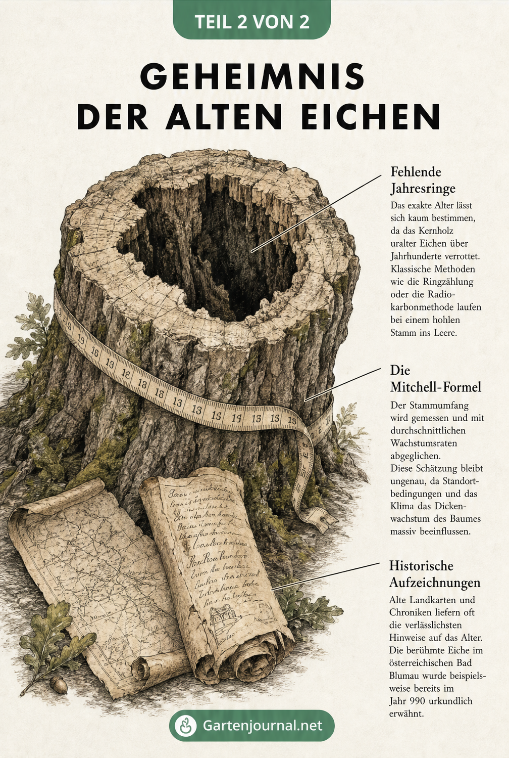 Lithografie eines hohlen Eichenstamms mit Erklärungen zur Altersbestimmung durch Mitchell-Formel und historische Aufzeichnungen