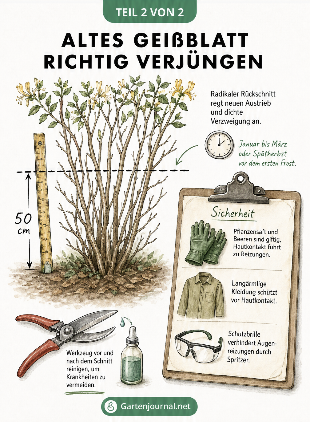 Zeichnung eines alten Geißblatt-Strauchs mit Markierung für den radikalen Rückschnitt auf 50 Zentimeter sowie Sicherheitshinweisen