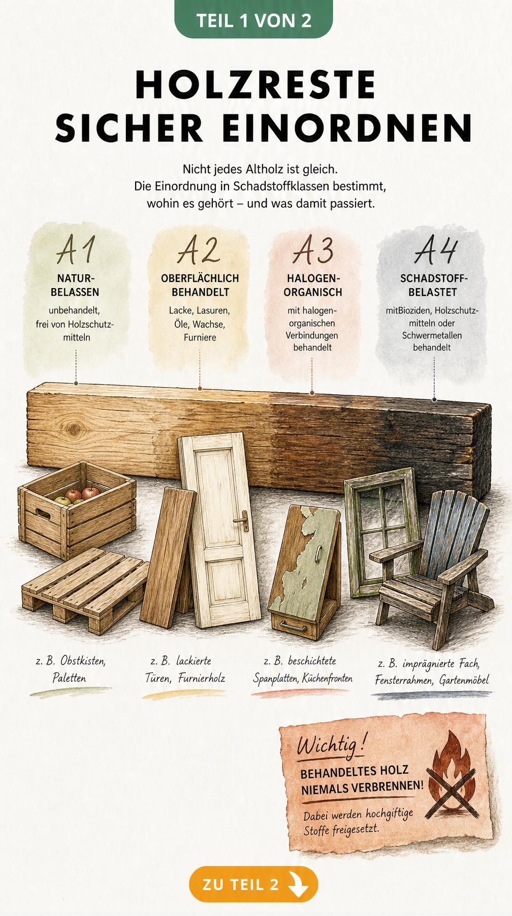 Illustration der Altholzklassen A1 bis A4 an einem Holzbalken mit typischen Gegenständen wie Obstkiste, lackierte Tür und imprägnierter Fensterrahmen