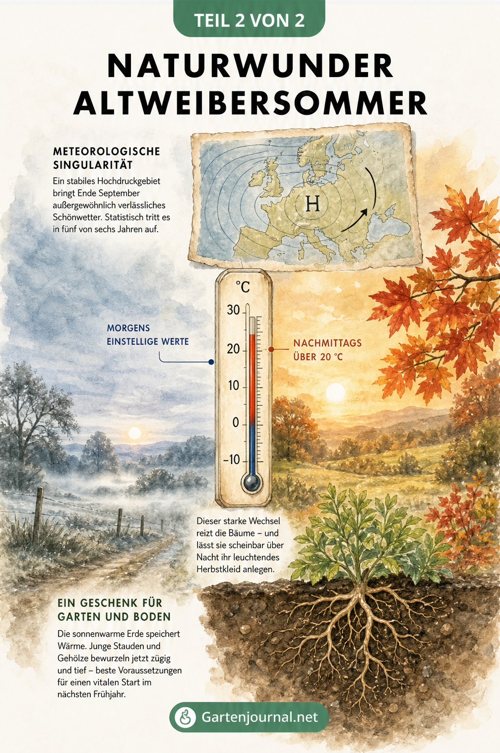 Aquarell-Illustration einer Landschaft mit Temperaturkontrast zwischen kühlem Morgen und warmem Nachmittag