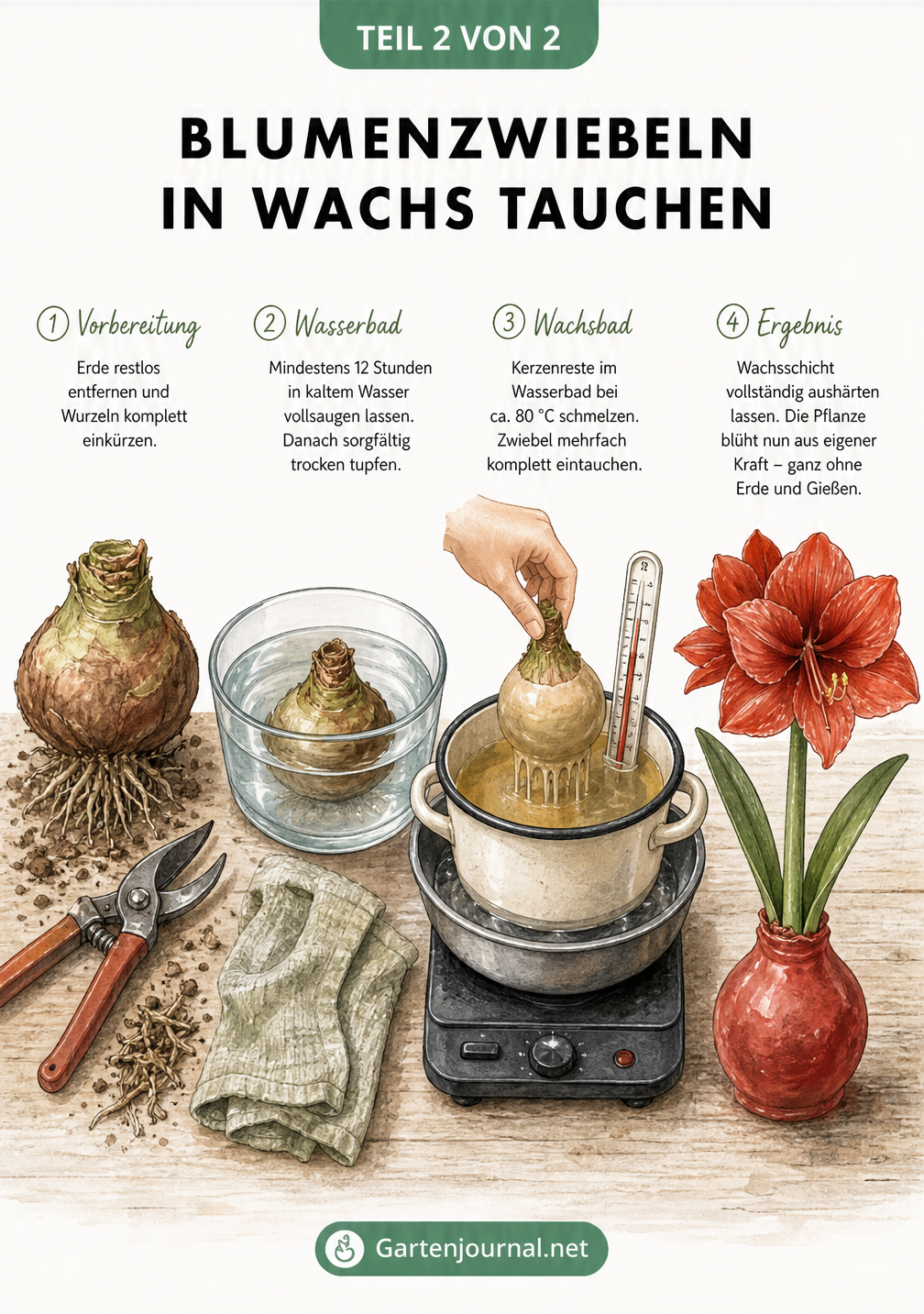 Illustration der vier Schritte, um eine Amaryllis-Zwiebel in Wachs zu tauchen