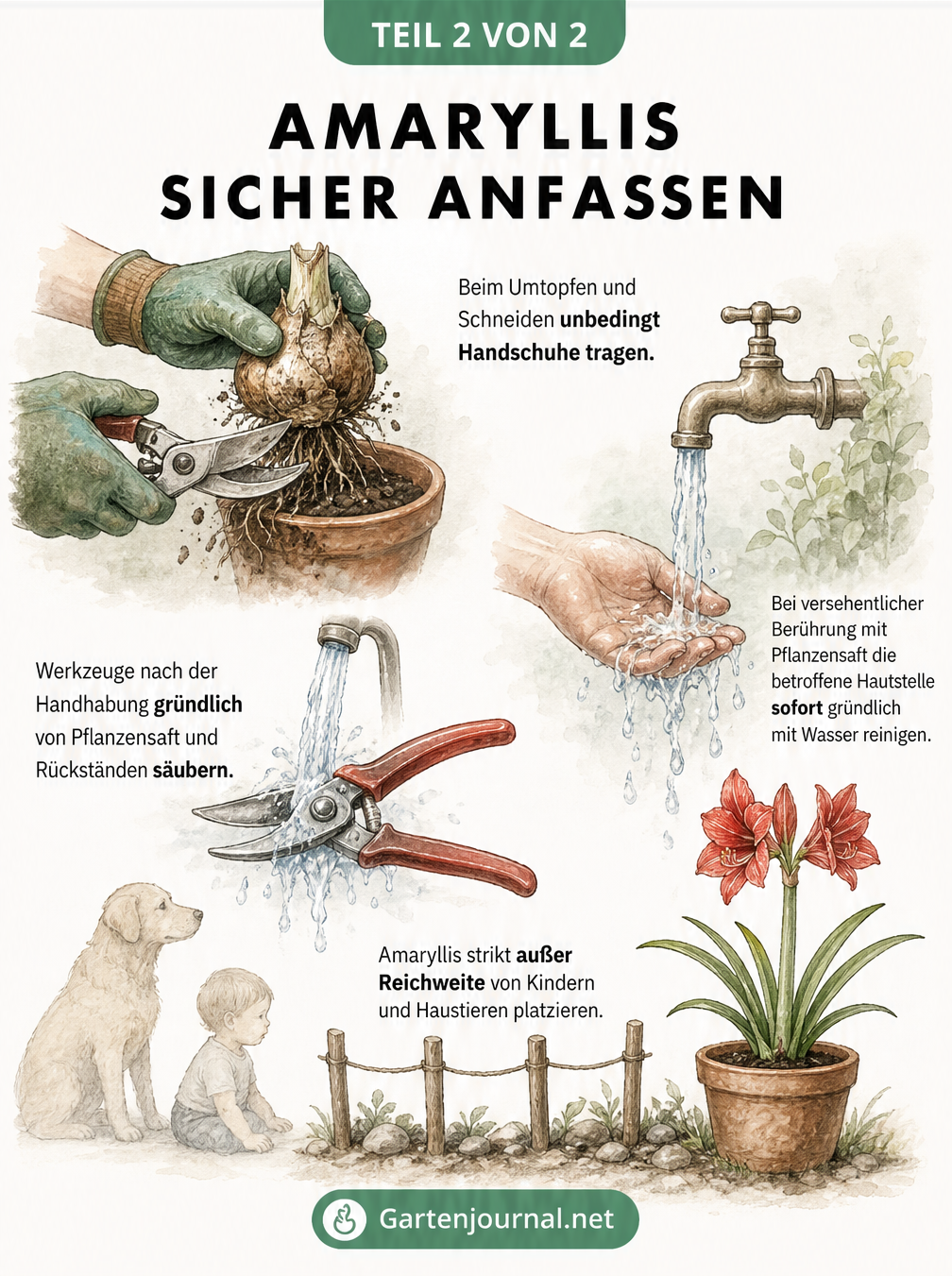 Illustration zum sicheren Umgang mit der Amaryllis: Handschuhe tragen, Werkzeug reinigen und Hände waschen