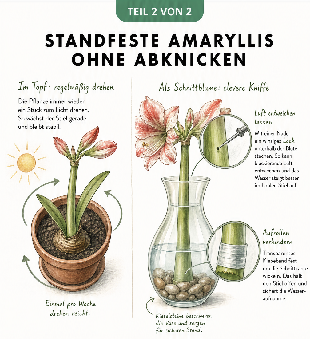 Skizze einer Amaryllis im Topf und in der Vase mit Tipps zum Drehen, Klebeband und Nadelstich