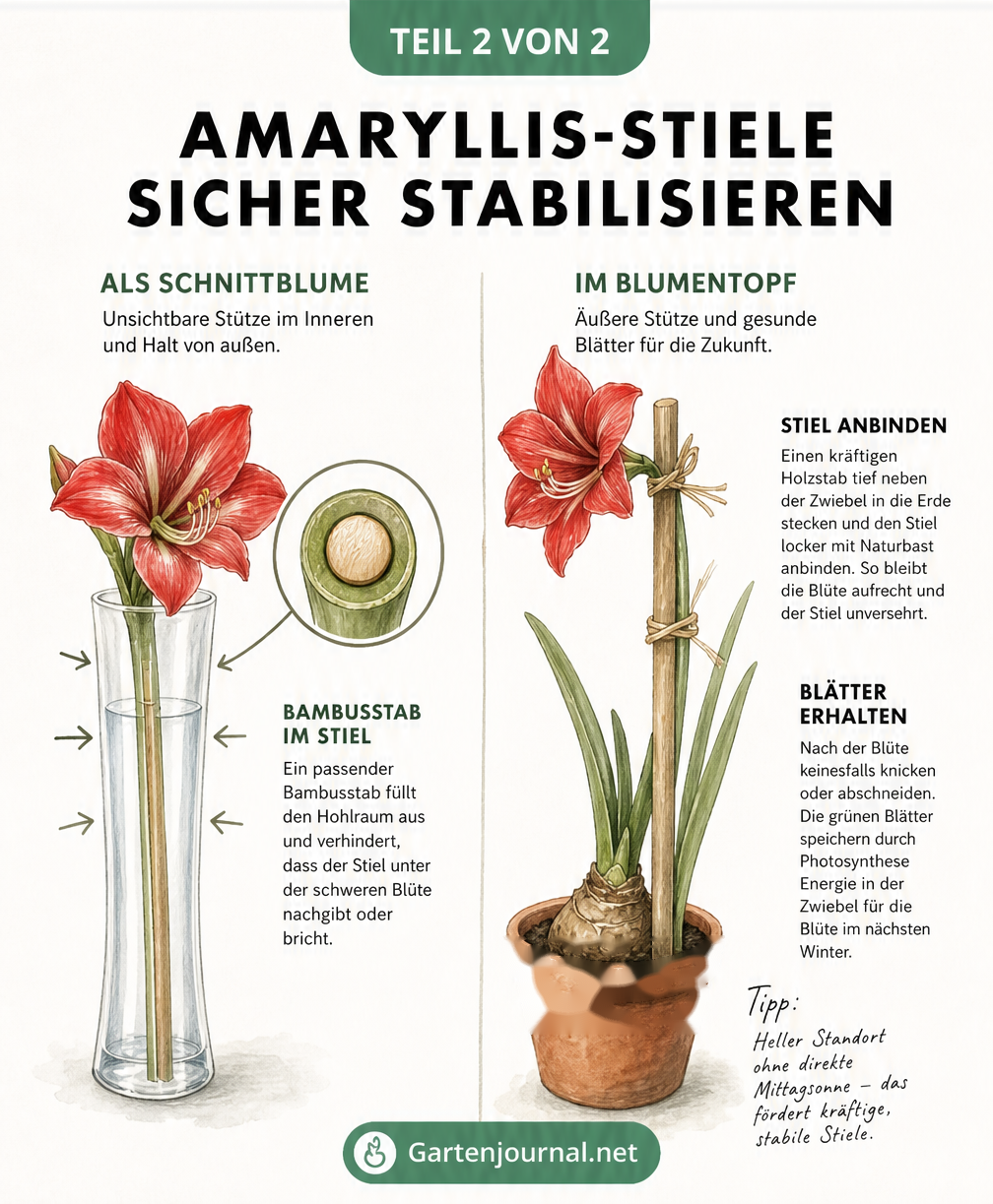 Vergleich der Stabilisierung von Amaryllis-Stielen: Eine schmale Vase für Schnittblumen und ein Holzstab mit Naturbast für Pflanzen im Topf.