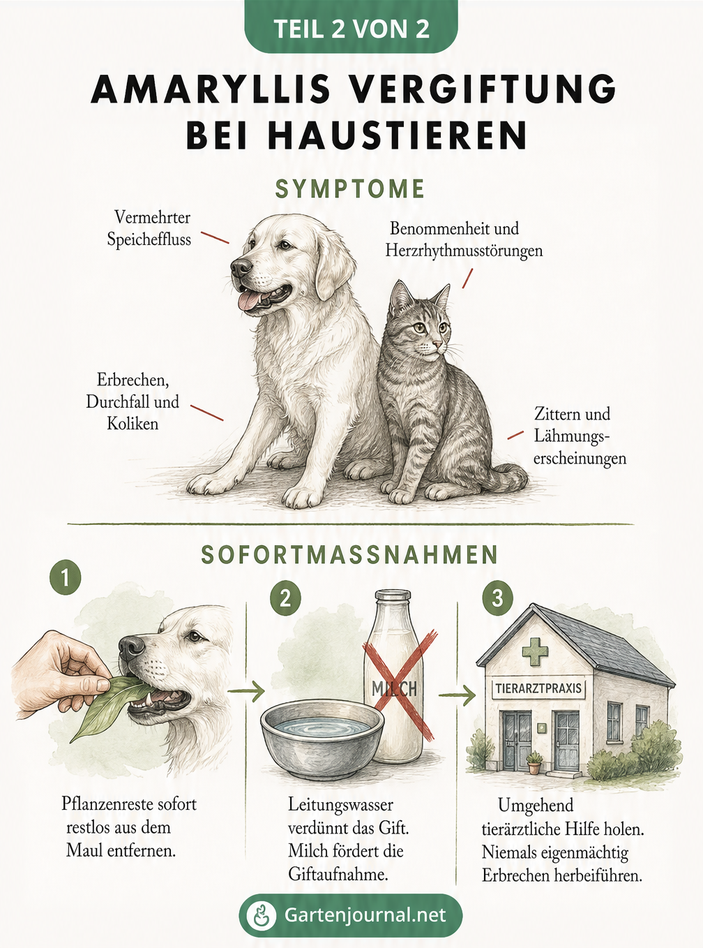 Illustration von Hund und Katze mit Symptomen einer Amaryllis-Vergiftung sowie drei Schritten für Sofortmaßnahmen