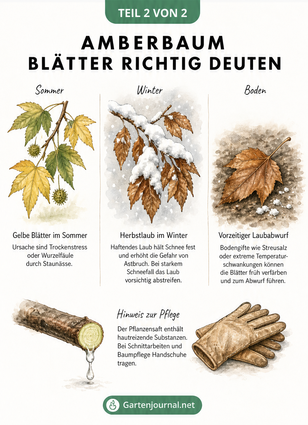 Diagnosehilfe für Amberbaum-Blätter: Sommerlicher Zweig mit gelben Blättern, winterlicher Zweig mit Schnee und welkes Blatt auf dem Boden