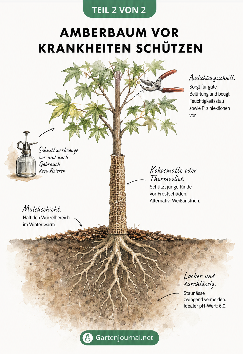Querschnitt-Zeichnung eines Amberbaums mit Tipps zu Bodenbeschaffenheit, Mulchschicht, Frostschutz und Auslichtungsschnitt