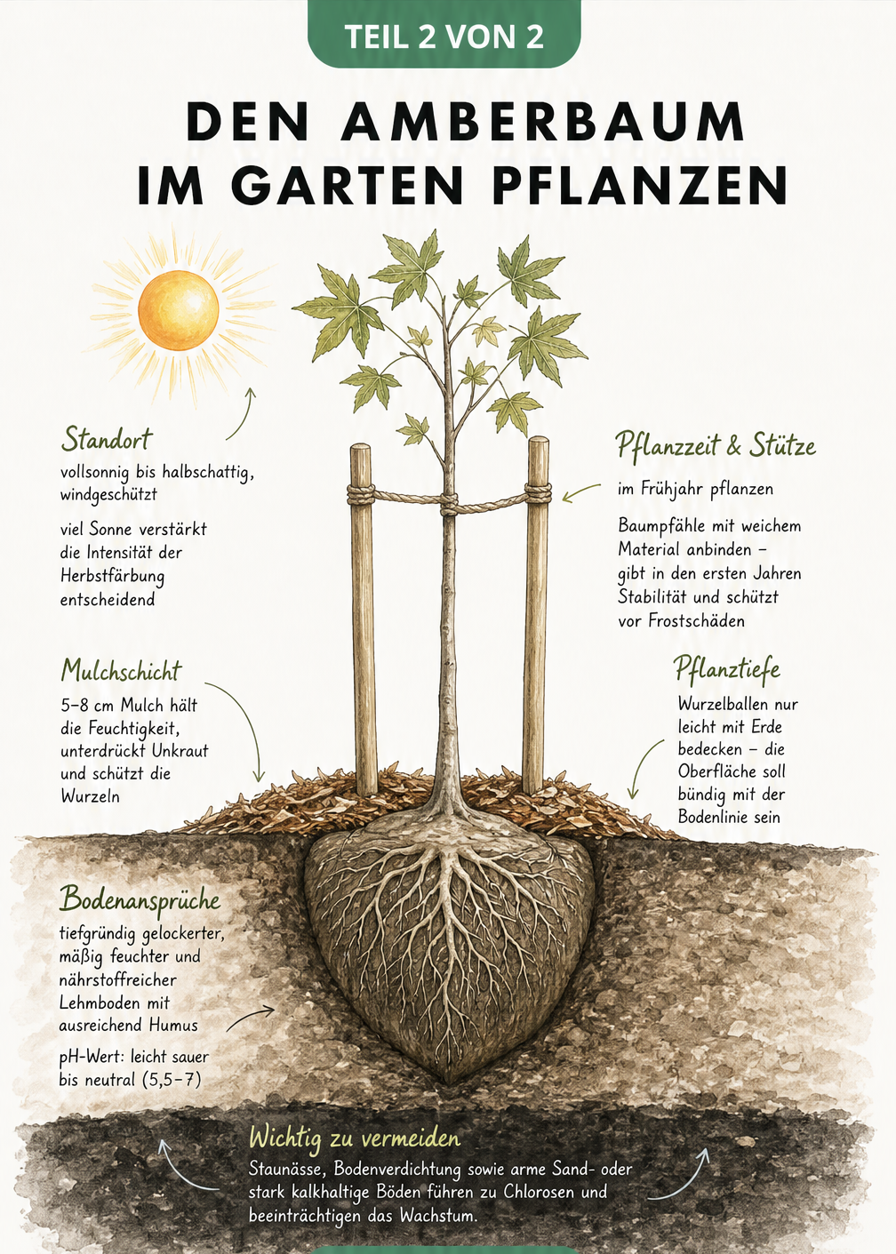 Querschnitt durch den Gartenboden mit einem frisch gepflanzten Amberbaum und Baumpfählen