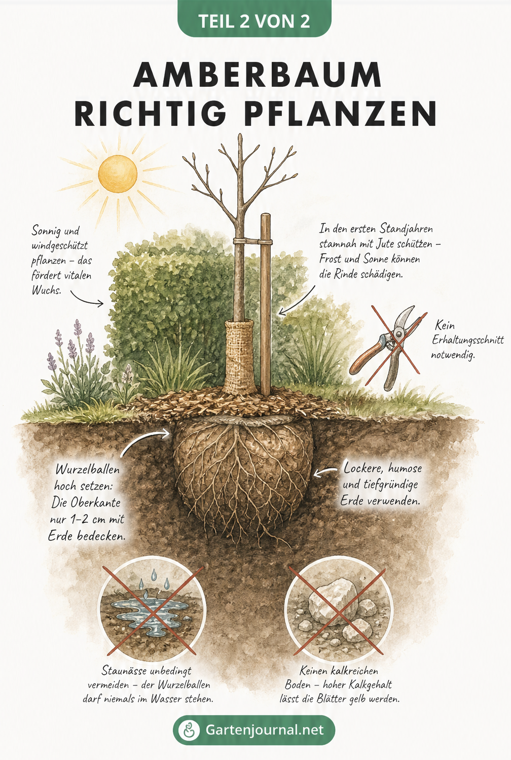 Querschnitt eines Gartenbeets mit frisch gepflanztem Amberbaum, Pflanzpfahl, Jute-Manschette und Wurzelballen
