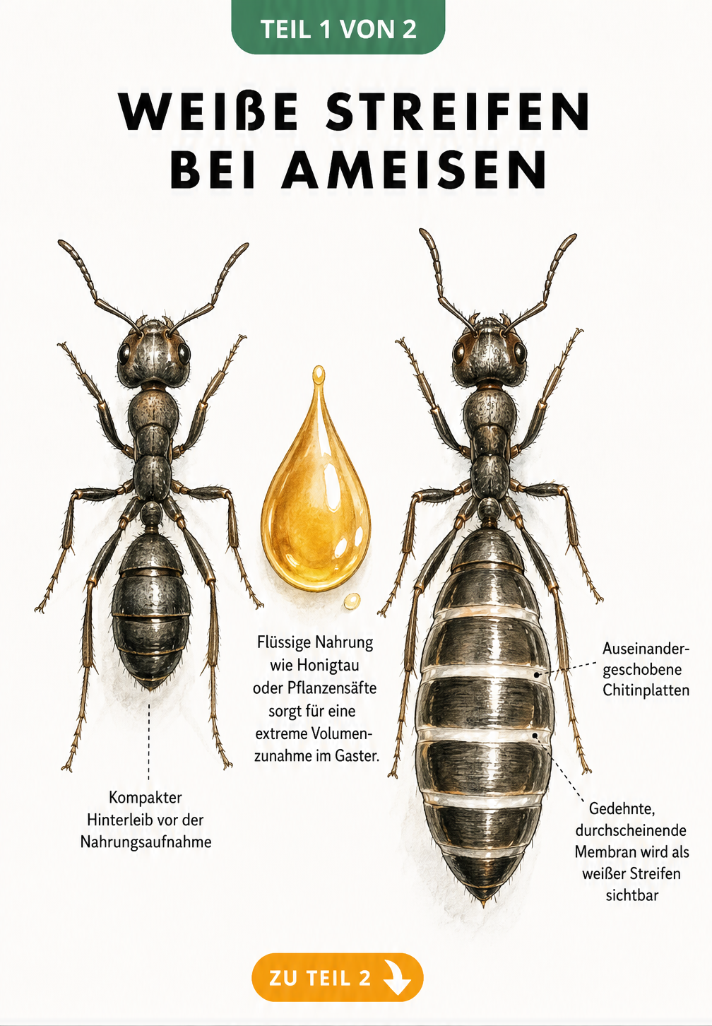 Illustration einer Ameise vor und nach der Nahrungsaufnahme, die zeigt, wie sich der Hinterleib dehnt und weiße Streifen sichtbar werden.