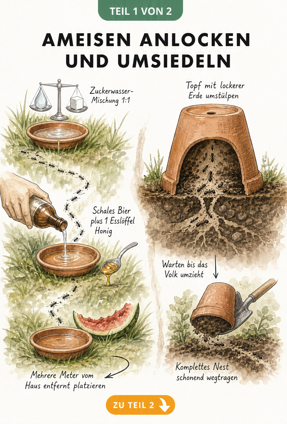 Handgezeichnete Gartenszene mit Lockmitteln wie Zuckerwasser und Bier sowie der Blumentopf-Technik zum Umsiedeln von Ameisen