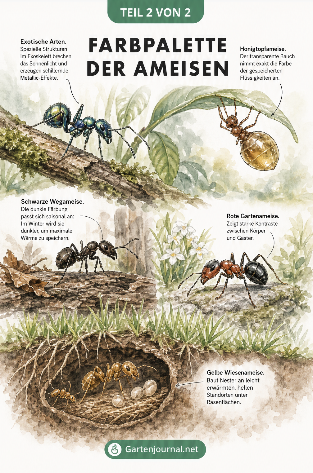 Aquarell-Illustration verschiedener Ameisenarten in ihren Lebensräumen, von der gelben Wiesenameise unter der Erde bis zur schillernden exotischen Ameise im...