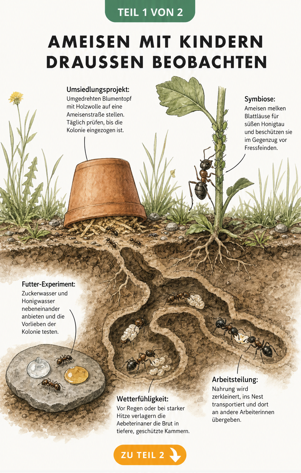 Querschnitt eines Gartenbodens mit Ameisen, die Blattläuse melken, Futter sammeln und Brut in Tunneln pflegen.