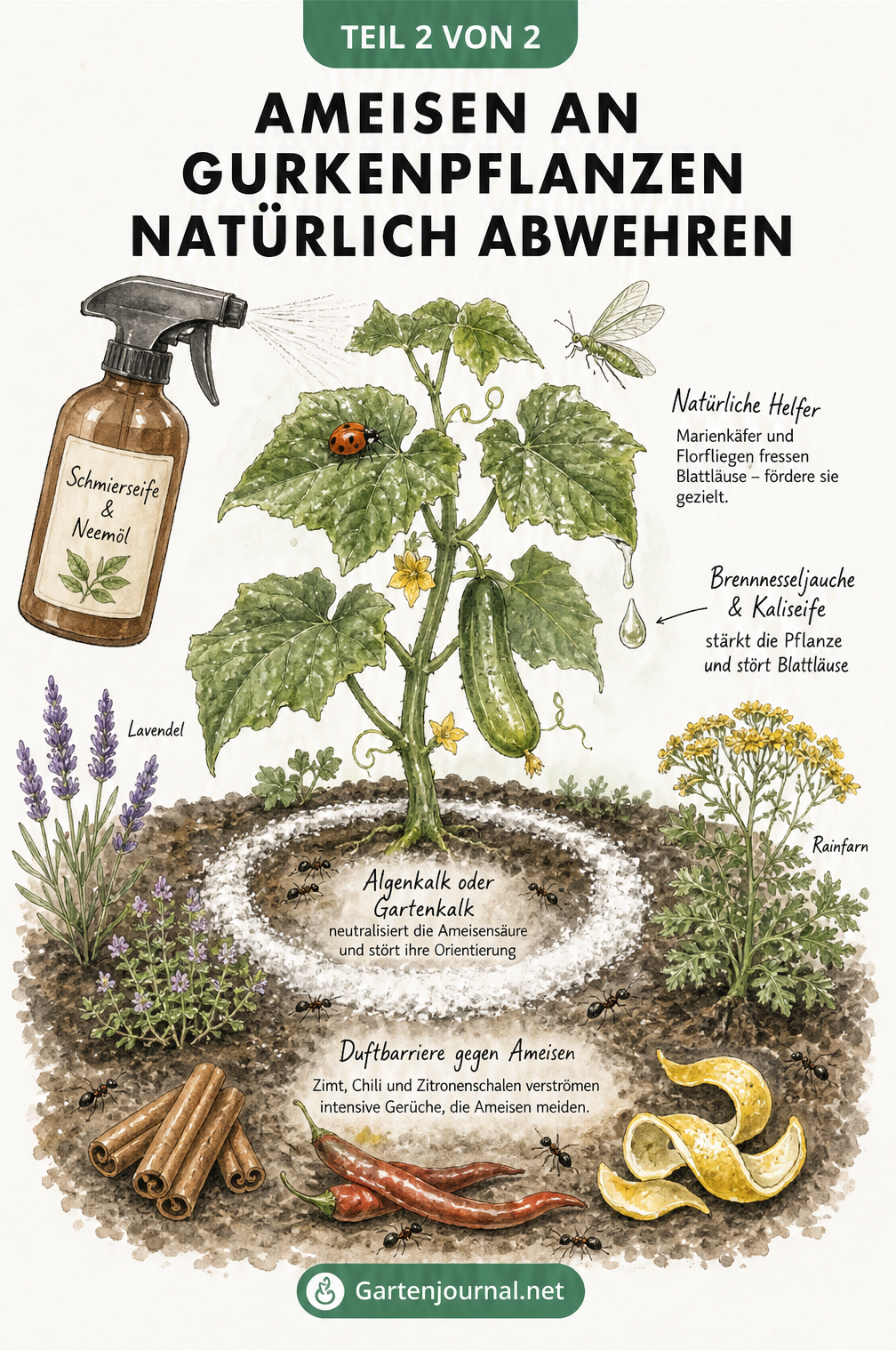 Illustration zur natürlichen Abwehr von Ameisen und Blattläusen an Gurken mit Schmierseife, Nützlingen und Duftbarrieren