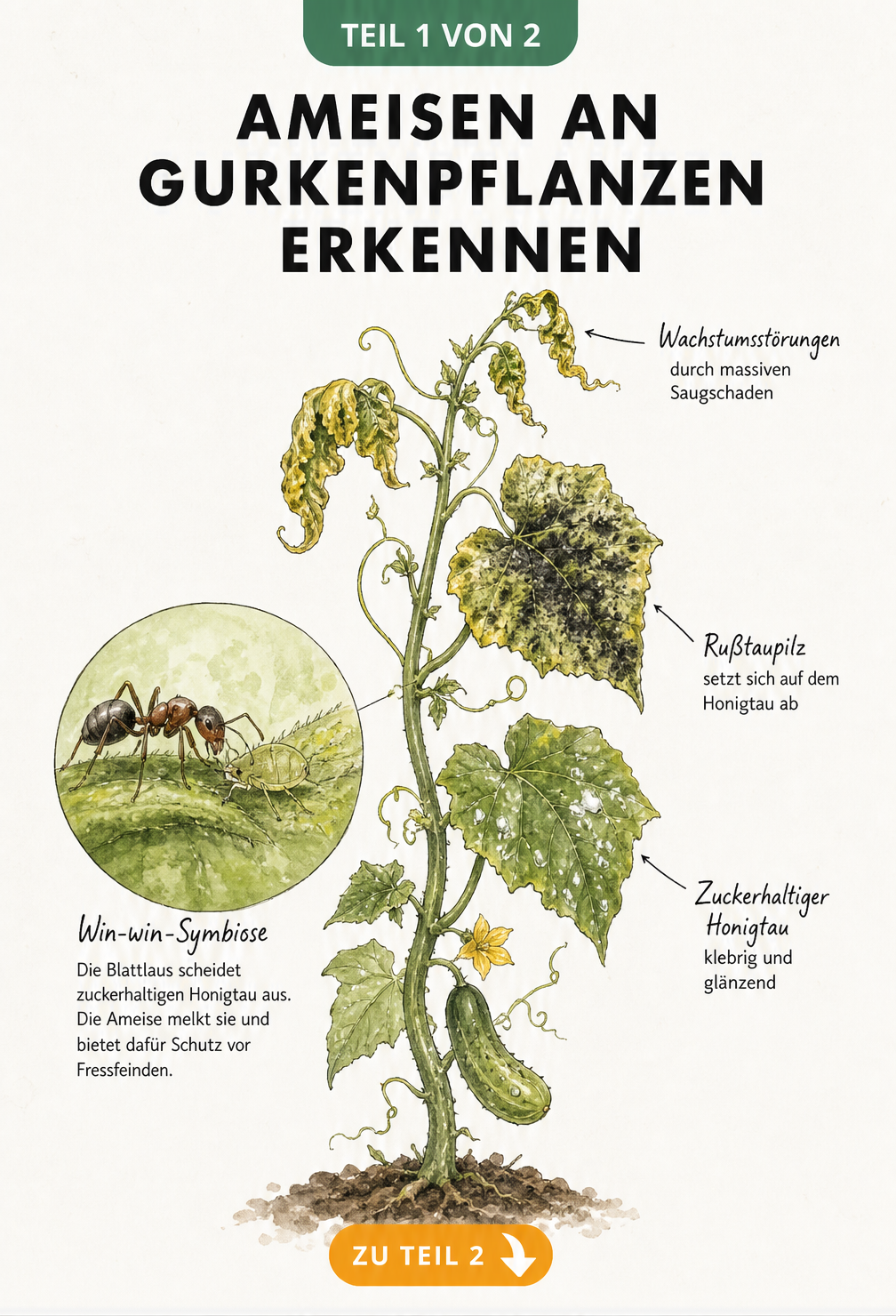 Illustration eines Gurkentriebs mit Blattläusen, Ameisen und Schadbildern wie Honigtau und Rußtaupilz